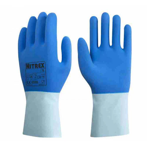 Steel Blue Latex Heavy Duty Chemical Resistant Gloves - Heat Resistant - Moisture Wicking Cotton Liner - In Bags of 10 Pairs
