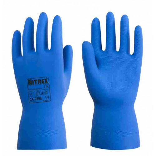 Royal Blue Latex Flock Lined Rubber Gloves - Food Prep Safe - Slip Resistant Pattern on Palm - Chemical Resistant - In Bags of 10 Pairs