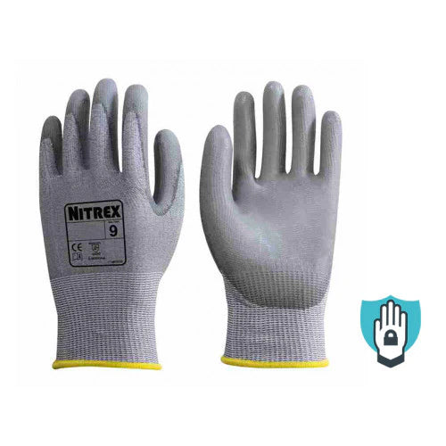 Light Slate Gray PU Palm Coated Safety Gloves - Level D Cut Protection - Equivalent Cut Level 5 - NitreGuard® Technology - In Bags of 10 Pairs