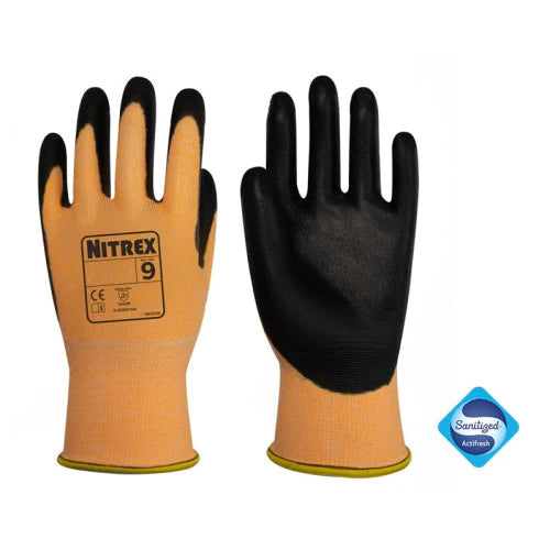 Black PU Palm Coated Safety Gloves - Cut Level B - Equivalent Cut 3 Gloves - Orange Liner - Sanitized® Actifresh - In Bags of 10 Pairs
