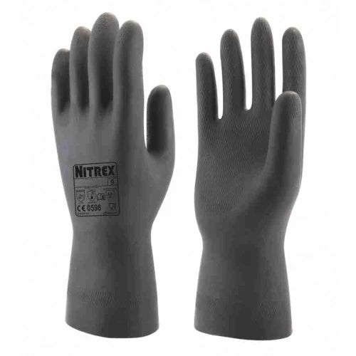 Dark Slate Gray Black Heavy Duty Chemical Gloves - Slip-Resistant Enhanced Grip - Food Safe - Dexterous - Flocked Rubber Gloves - In Bags of 10 Pairs