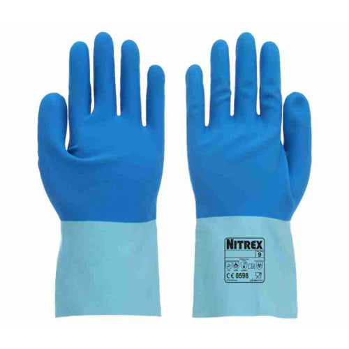 Steel Blue Latex Heavy Duty Chemical Resistant Gloves - Heat Resistant - Moisture Wicking Cotton Liner - In Bags of 10 Pairs