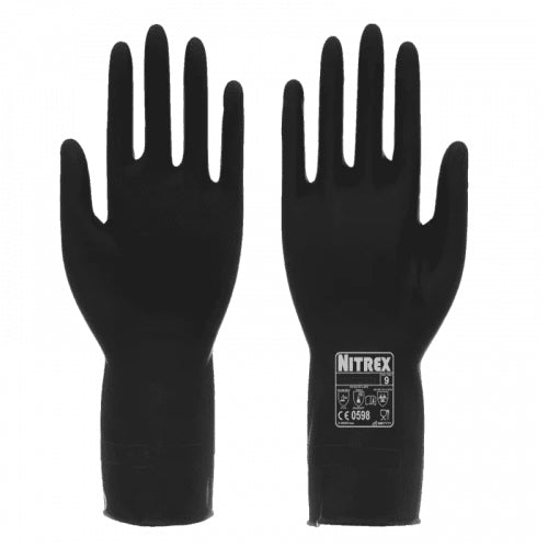 Dark Slate Gray Black Heavy Duty Chemical Gloves - Slip-Resistant Enhanced Grip - Food Safe - Dexterous - Flocked Rubber Gloves - In Bags of 10 Pairs