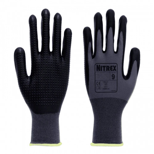 Dark Slate Gray Grey Black Gloves with Grip Dots - Foam Nitrile Palm Coated - Flex Grip Work Gloves - In Bags of 10 Pairs