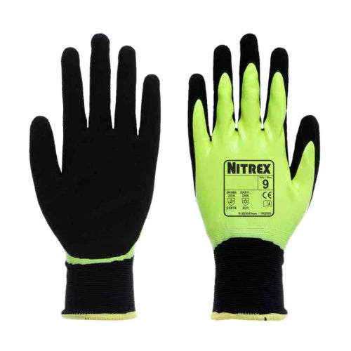 Black Hi-Viz Firm Grip Thermal Work Gloves - Moisture Protection - Abrasion & Tear Protection - NitreGrip® Technology - In Bags of 10 Pairs