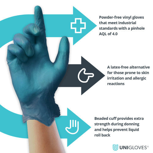 Dark Slate Gray Blue Vinyl Gloves – Safe For Food Preparation - Powder Free - Cases of 10 Boxes, 100 Gloves per Box