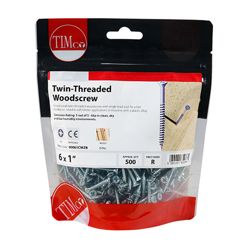 Twin-Thread Woodscrews - PZ - Double Countersunk - Zinc - 6 x 1