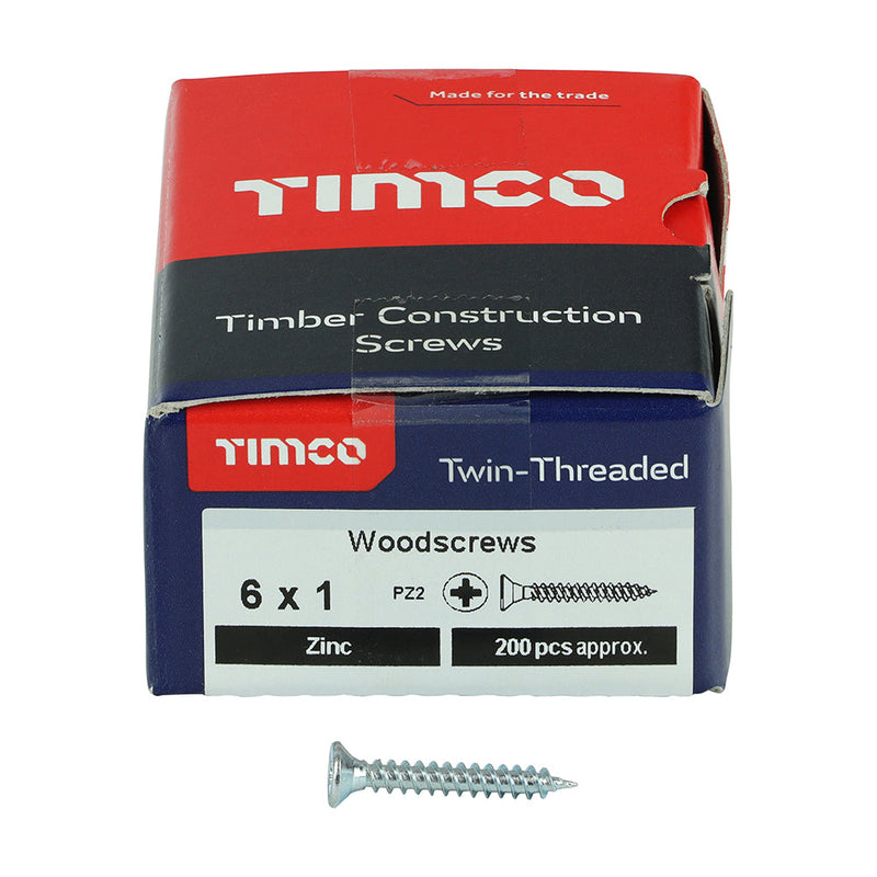 Twin-Threaded Woodscrews - PZ - Double Countersunk - Zinc - 6 x 1