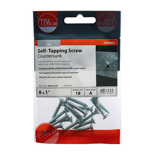 Self-Tapping Screws - PZ - Countersunk - Zinc - 8 x 1