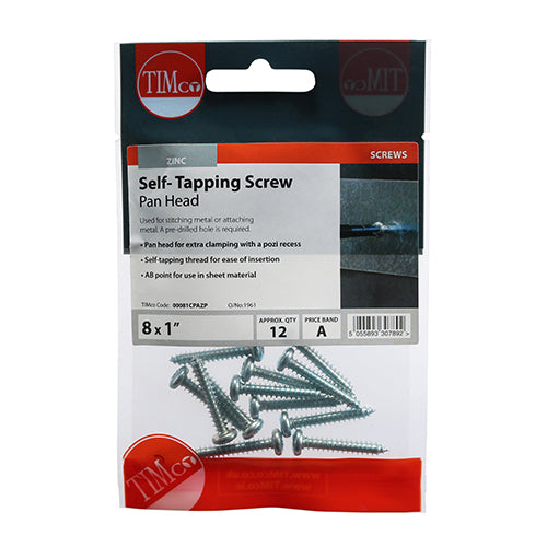 Self-Tapping Screws - PZ - Pan - Zinc - 8 x 1