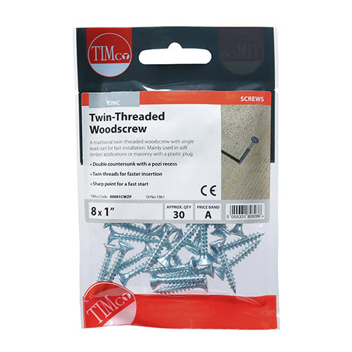 Twin-Thread Woodscrews - PZ - Double Countersunk - Zinc - 8 x 1