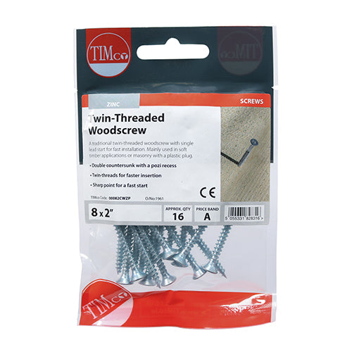 Twin-Thread Woodscrews - PZ - Double Countersunk - Zinc - 8 x 2