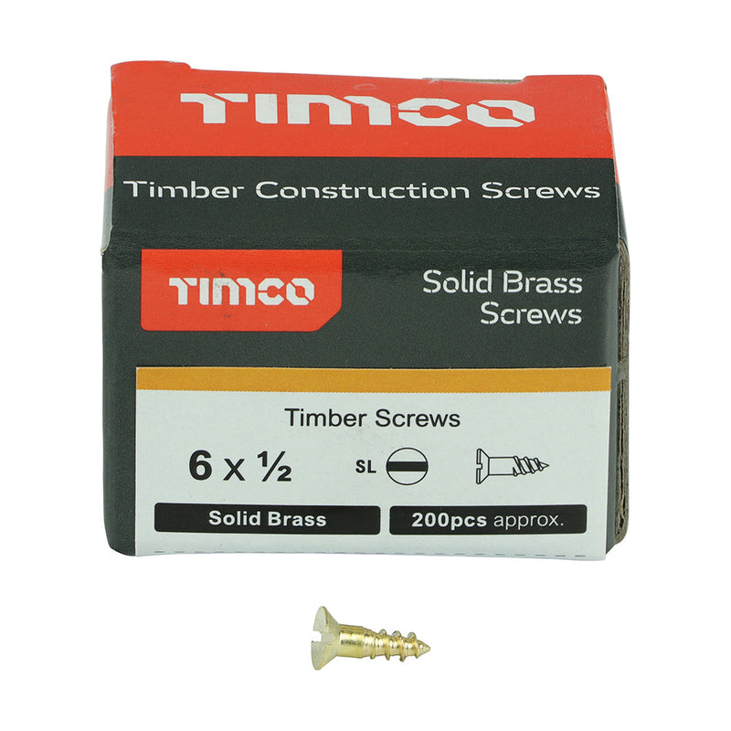 Solid Brass Timber Screws - SLOT - Countersunk - 6 x 1/2