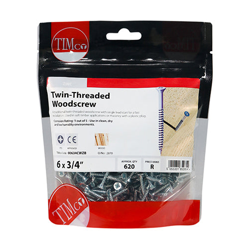 Twin-Thread Woodscrews - PZ - Double Countersunk - Zinc - 6 x 3/4