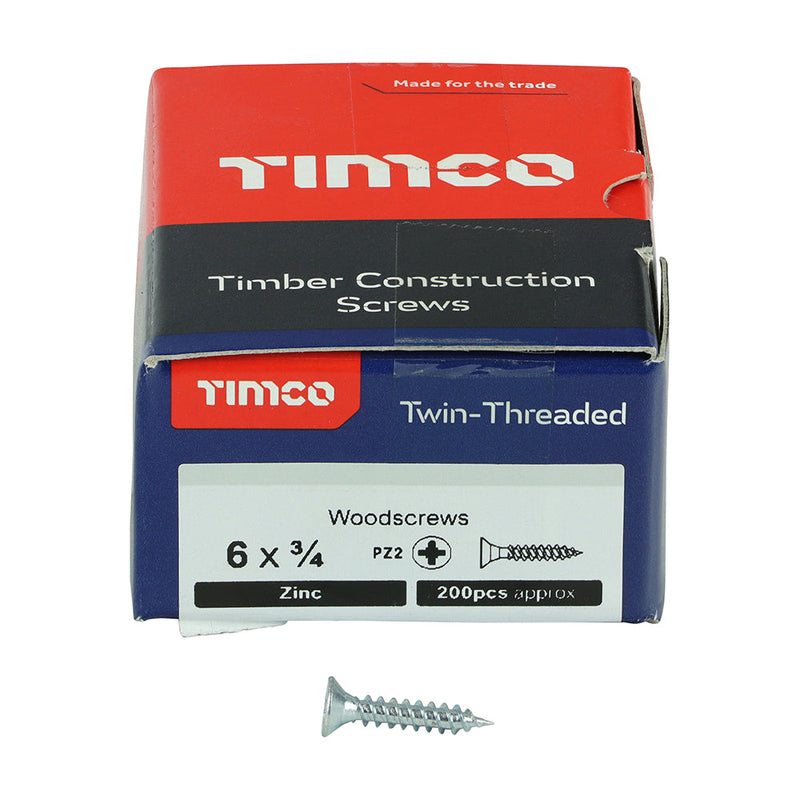 Twin-Threaded Woodscrews - PZ - Double Countersunk - Zinc - 6 x 3/4