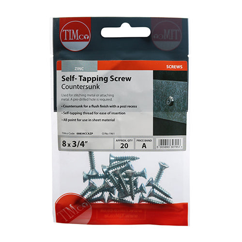 Self-Tapping Screws - PZ - Countersunk - Zinc - 8 x 3/4