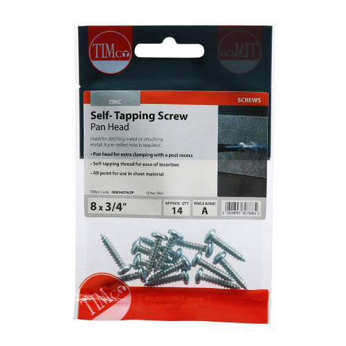 Self-Tapping Screws - PZ - Pan - Zinc - 8 x 3/4