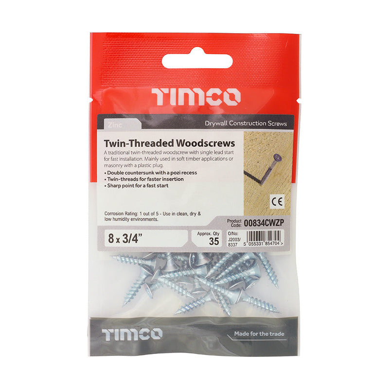 Twin-Thread Woodscrews - PZ - Double Countersunk - Zinc - 8 x 3/4