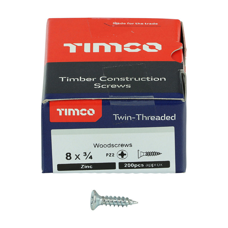 Twin-Threaded Woodscrews - PZ - Double Countersunk - Zinc - 8 x 3/4