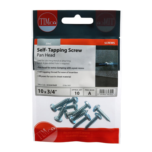 Self-Tapping Screws - PZ - Pan - Zinc - 10 x 3/4