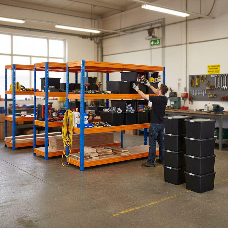 Premium Heavy Duty Shelving - 1770mm High - Blue & Orange with 12x 37L Plastic Storage Boxes
