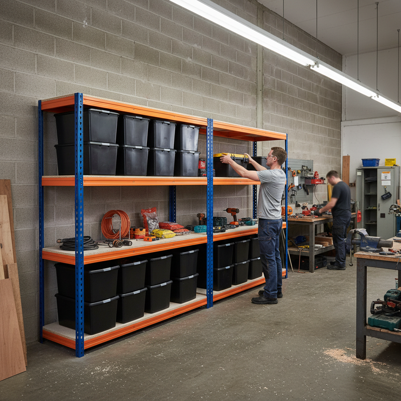 2x Heavy Duty Shelving - 1600mm High - Blue & Orange with 8x 62L Plastic Storage Boxes