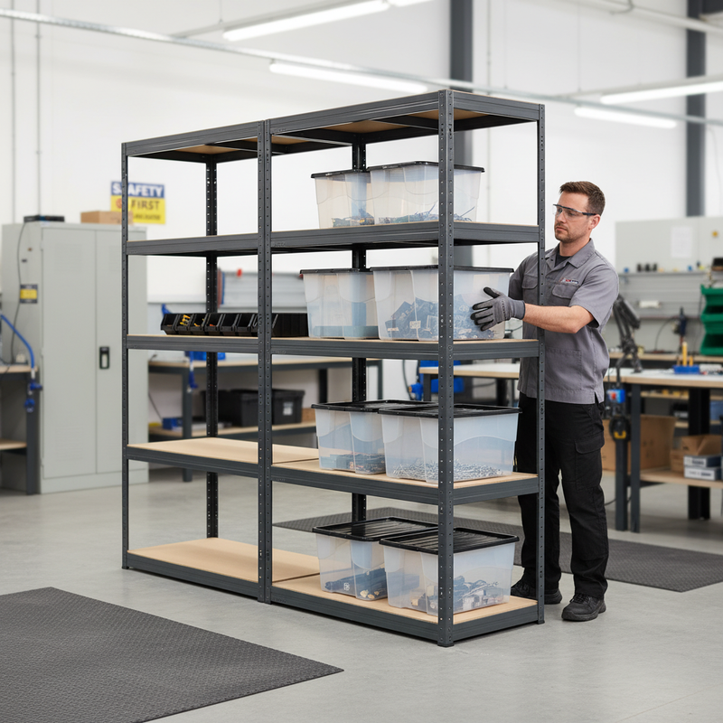 3x Heavy Duty Shelving Units - 1800mm High - Grey with 8x 24L Storage Boxes