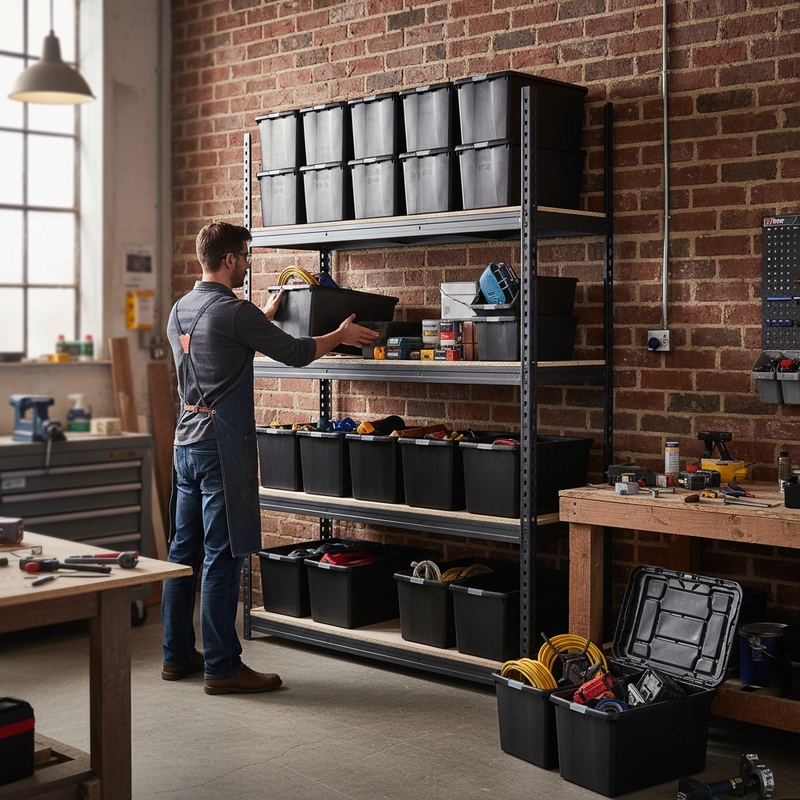 Heavy Duty Shelving - 1600mm High - Grey with 12x 62L Plastic Storage Boxes