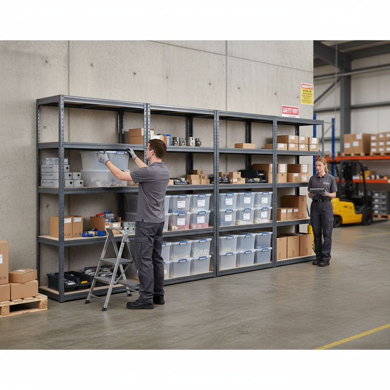 4x Heavy Duty Shelving Units - 2130mm High - Grey with 12x 33.5L Storage Boxes