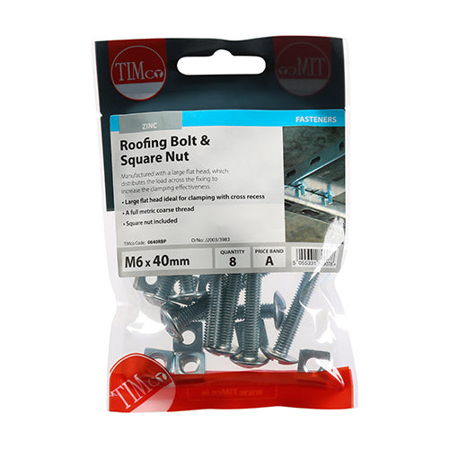 Roofing Bolts & Square Nuts - Zinc - M6 x 40