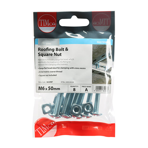 Roofing Bolts & Square Nuts - Zinc - M6 x 50