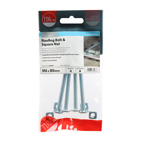 Roofing Bolts & Square Nuts - Zinc - M6 x 80