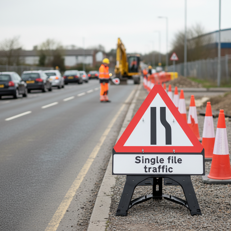 Single File Trafice Premium Road Narrows Right Traffic Sign with Single File Traffic Drop
