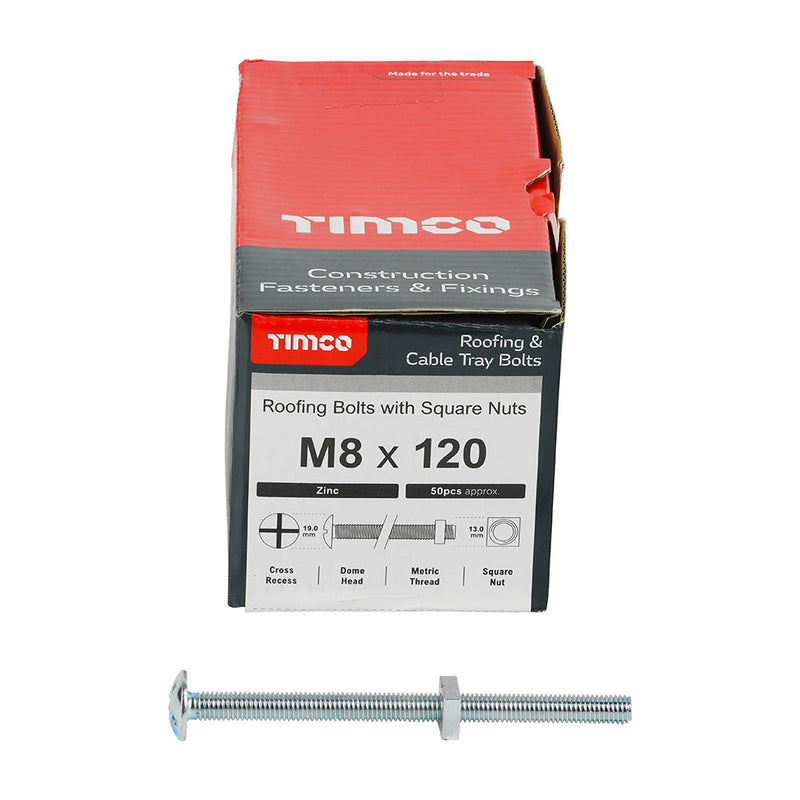 Roofing Bolts with Square Nuts - Zinc - M8 x 120