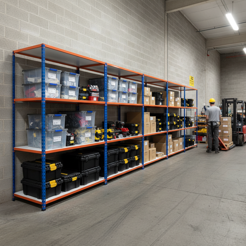 Premium 4x Industrial Shelving - 2440mm High - 340kg Capacity - Melamine - Blue & Orange