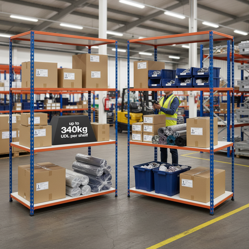 Premium Industrial Shelving - 2440mm High - 340kg Capacity - Blue & Orange