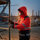 Premium Hi-Vis Red and Black Shell Jacket - Windproof, Waterproof, Detachable Hood for Helmet Compatibility