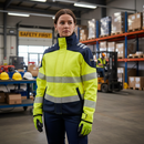 Premium Women's Hi-Vis Yellow/Navy Blue Arc Flash Softshell Jacket - Flame-Resistant, Water-Repellent, and Breathable Design