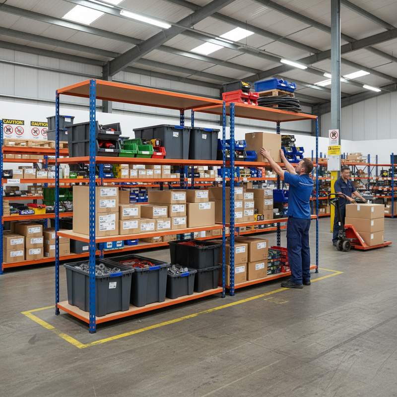 3x Heavy Duty Industrial Shelving - 1980mm High - 340kg Capacity - Chipboard - Blue & Orange