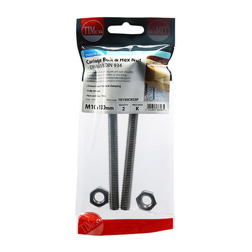 Carriage Bolts & Hex Nuts - Stainless Steel - M10 x 130