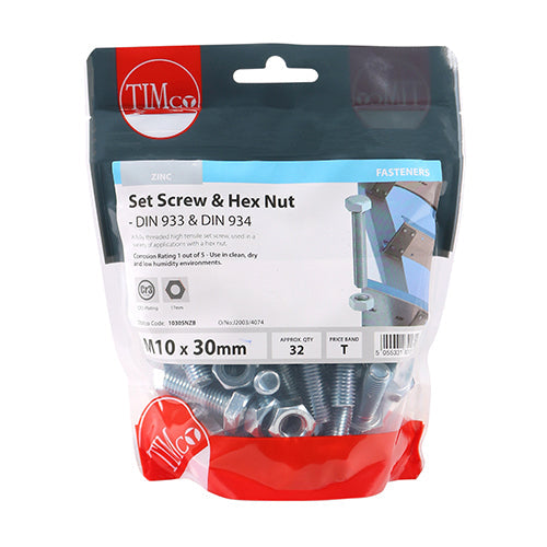 Set Screws & Hex Nuts - Grade 8.8 - Zinc - M10 x 30