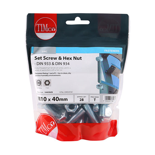 Set Screws & Hex Nuts - Grade 8.8 - Zinc - M10 x 40