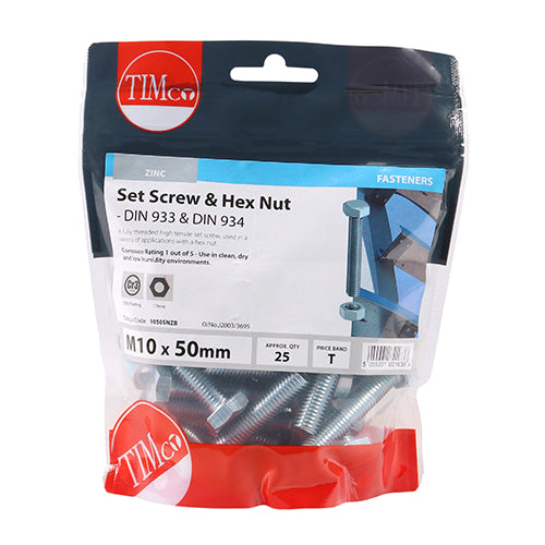 Set Screws & Hex Nuts - Grade 8.8 - Zinc - M10 x 50