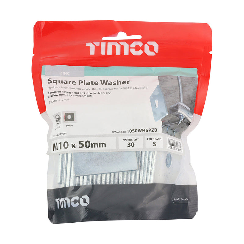 Square Plate Washers - Zinc - M10 x 50 x 50 x 3