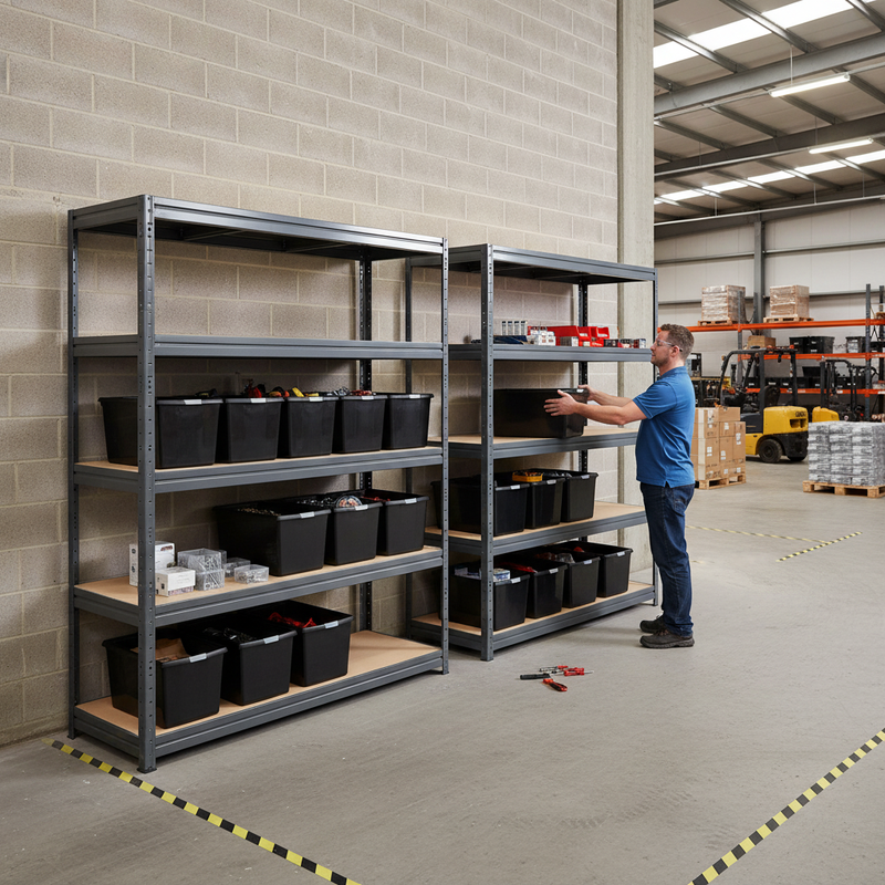 2x Heavy Duty Shelving - 1770mm High - Grey with 12x 62L Plastic Storage Boxes