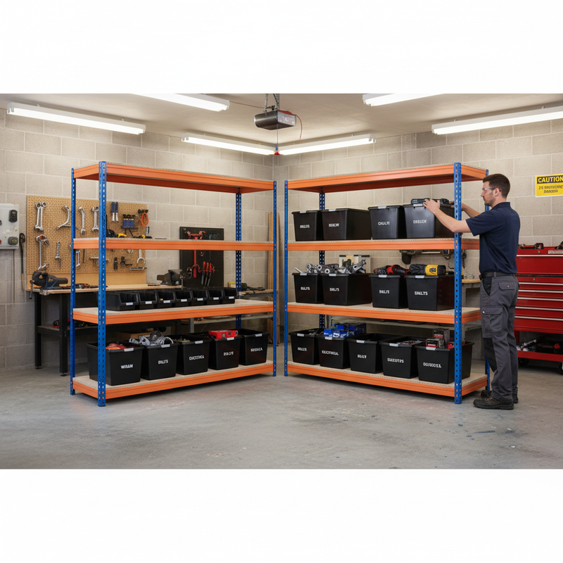 4x Heavy Duty Shelving - 2000mm High - Blue & Orange with 12x 37L Plastic Storage Boxes