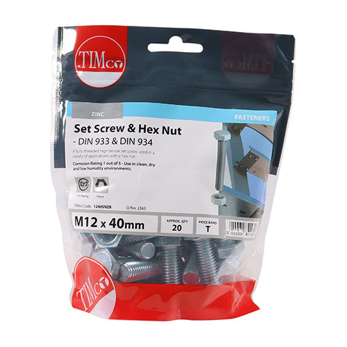 Set Screws & Hex Nuts - Grade 8.8 - Zinc - M12 x 40