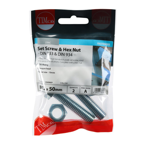 Set Screws & Hex Nuts - Grade 8.8 - Zinc - M12 x 50