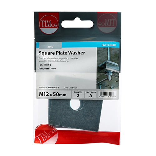 Square Plate Washers - Zinc - M12 x 50 x 50 x 3
