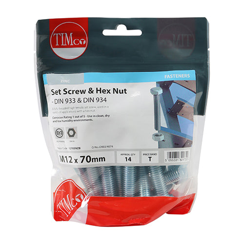 Set Screws & Hex Nuts - Grade 8.8 - Zinc - M12 x 70